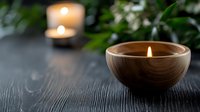 Glowing candle in wooden bowl on dark textured table with green plants and second candle in soft focus background creates peaceful spa atmosphere.