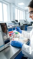 Female scientist in safety glasses and gloves working with test tubes in modern laboratory. Medical research and analysis in clinical setting.