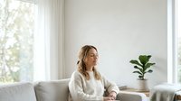 Young adult woman with light brown hair in casual white sweater sitting on gray sofa by bright window in modern living room with potted plant, relaxed home interior setting.