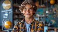 Young Caucasian boy with curly brown hair wearing plaid yellow shirt and blue t-shirt smiling warmly at camera in casual indoor setting with blurred background.
