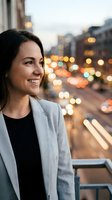 Professional businesswoman in gray blazer smiling while looking at city street with bokeh lights during evening rush hour from urban balcony or terrace.