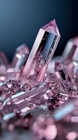 Pink crystal quartz formations with multiple facets and angles against dark background, creating mystical mineral composition with light reflections and sparkles.