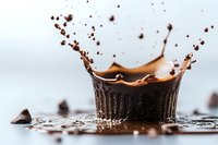 Dramatic splash crown formed by chocolate milk drop impact, with flying droplets and chocolate chips scattered on reflective surface. Macro photography.