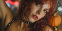 Young woman with curly red hair and dark makeup looking at camera with intense gaze in moody lighting with bokeh background for fashion portrait photography.