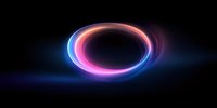 Glowing neon circle with blue and pink light trails on dark background creates futuristic portal effect, abstract modern design element for technology concepts.