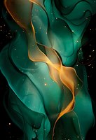Luxurious emerald green and gold abstract fluid art with flowing waves and sparkles on dark background. Modern design for wall art and luxury packaging.