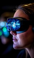 Virtual reality headset with futuristic city reflection in lens, young woman experiencing immersive technology against dark background with bokeh lights.