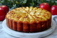 Golden apple cake with sliced fruit topping on white plate, homemade dessert for autumn baking and seasonal celebrations.