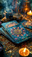 Mystical tarot cards with celestial design and golden compass rose pattern, surrounded by glowing candles and ethereal smoke. Perfect for spiritual, fortune telling, and esoteric themes.