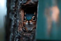 Curious squirrel peeking through wooden fence hole with bright eyes and blue tones, creating mysterious wildlife atmosphere in natural environment.
