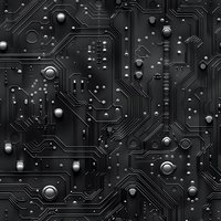 Dark circuit board pattern with metallic components and intricate pathways creating modern tech background for digital and electronics concepts.