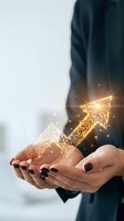 Businesswoman holding glowing upward arrow made of golden particles and sparkles, symbolizing growth, success, and financial progress for corporate and investment concepts.