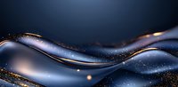 Luxurious dark blue and gold abstract waves with glowing particles create elegant flowing curves against black background, modern luxury design element.