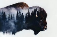 Artistic double exposure of American bison silhouette merged with misty forest landscape, pine trees and mountain peaks in morning fog creating surreal wildlife scene.