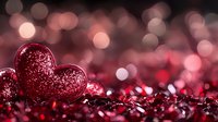Sparkling red glitter heart on shimmering burgundy background with soft bokeh lights for Valentine's Day, romance, love celebration designs.