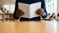 Student with dark skin tone reading open book in library setting with blurred background of shelves and peers studying at tables.