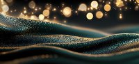 Abstract luxury waves with golden glitter particles and bokeh lights on dark background, flowing curved lines in turquoise and black colors create elegant design.