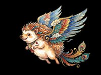 Cute hedgehog character with ornate peacock wings, isolated on transparent background. Ready for t-shirt design, stickers, clipart, sublimation, print-on-demand products and digital crafts.