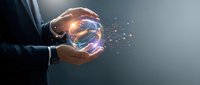 Businessman hands protecting glowing digital brain with neural network connections and light particles on dark background for AI technology concepts.