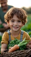 Young child with curly hair and freckles wearing overalls holds freshly harvested organic carrots and vegetables from garden, expressing pure joy and achievement.