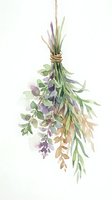 Watercolor hanging dried flower bundle with purple lavender, green foliage, and tan grasses tied with twine on white background. Botanical illustration for home decor, wedding design, and craft projects.