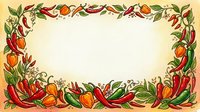 Colorful chili peppers and citrus fruits arranged in decorative border frame with green leaves on cream background, isolated design element for culinary projects and food packaging.