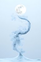 Ethereal blue smoke rising from water surface creates mystical spiral path toward full moon in pale sky, artistic nature photography for spiritual concepts.