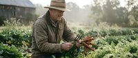 Mature male farmer using digital tablet in organic vegetable garden during golden hour sunrise, modern agriculture technology for sustainable farming practices.