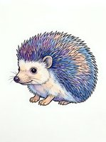 Cute hedgehog with blue and purple spiky quills, isolated on white background. Hand-drawn watercolor style illustration suitable for children's books, nursery decor, t-shirt designs, and educational materials.