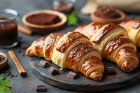 Fresh baked butter croissants with chocolate pieces and cocoa powder on dark plate, morning breakfast pastry composition with cinnamon sticks.