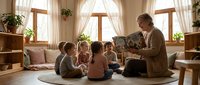 Adult female educator with gray hair reading to diverse group of young children seated on floor in bright, plant-filled classroom with natural light, wooden furniture and neutral tones. Suitable for educational materials, childcare, preschool and learning content.