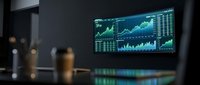 Financial trading dashboard with green charts and graphs on computer monitor in modern office environment for business analytics and market data visualization.