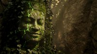 Ancient stone face sculpture covered in moss and vines in mysterious jungle temple ruins with dramatic lighting and shadows creating mystical atmosphere.