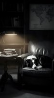 Black and white dog resting on leather armchair in dimly lit study room with desk lamp, books, and world map on wall for home decor and pet lifestyle concepts.