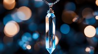 Crystal pendant necklace with hexagonal prism shape against blurred bokeh background in blue and gold tones.