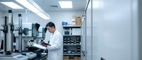 Asian male scientist in white lab coat working with microscope in modern laboratory facility conducting research and analysis.