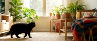 Black cat walking in bright modern living room with houseplants on wooden shelf near sunny window. Cozy home interior with natural light and greenery.