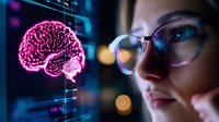 Young Asian female scientist in glasses studying glowing pink brain hologram visualization on futuristic digital interface with neural network data.