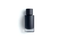 Elegant matte black glass bottle with gradient effect on white background, luxury cosmetic packaging for fragrance or skincare product design mockup.
