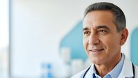 Confident middle-aged Hispanic male doctor with stethoscope smiling in modern medical office setting for healthcare and professional services.