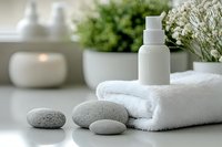 Spa wellness setting with white towel, massage stones, cosmetic bottle and decorative elements on light background. Ideal for beauty and relaxation themes.