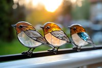 Decorative stained glass birds sitting in row on window sill, handmade suncatchers with orange and blue details against blurred sunset background.