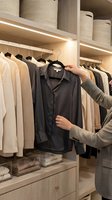Modern walk-in closet with LED lighting and organized clothing storage. Woman selecting dark shirt from wardrobe with neutral tones and woven baskets.