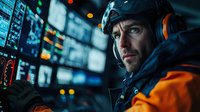 Maleset monitoring digital displays in dark cockpit with blue ambient lighting, focused expression shows professional concentration.
