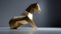 Low poly golden horse figurine with geometric facets on minimalist gray background, showcasing modern origami-inspired design art.