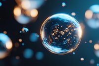 Floating soap bubble with reflective surface captures magical bokeh lights against dark blue background, creating dreamy macro photography effect.