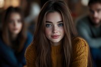 Young attractive Caucasian woman with long brown hair wearing mustard yellow sweater looking at camera with soft smile in cozy indoor setting.