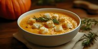 Creamy pumpkin soup with herbs and croutons in white bowl on rustic wooden table. Autumn comfort food perfect for seasonal menus and cozy dining experiences.