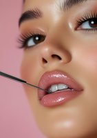 Close-up of Asian woman's face with makeup brush applying glossy pink lipstick, showing long eyelashes and flawless skin against pink background.