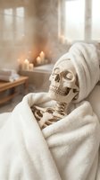 Skeleton wrapped in cream towel relaxing in spa bathroom with candles, bathtub, and warm lighting for wellness and Halloween themed designs.